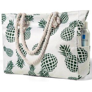 Green Pineapple Print Canvas Tote Bag with Rope Handles